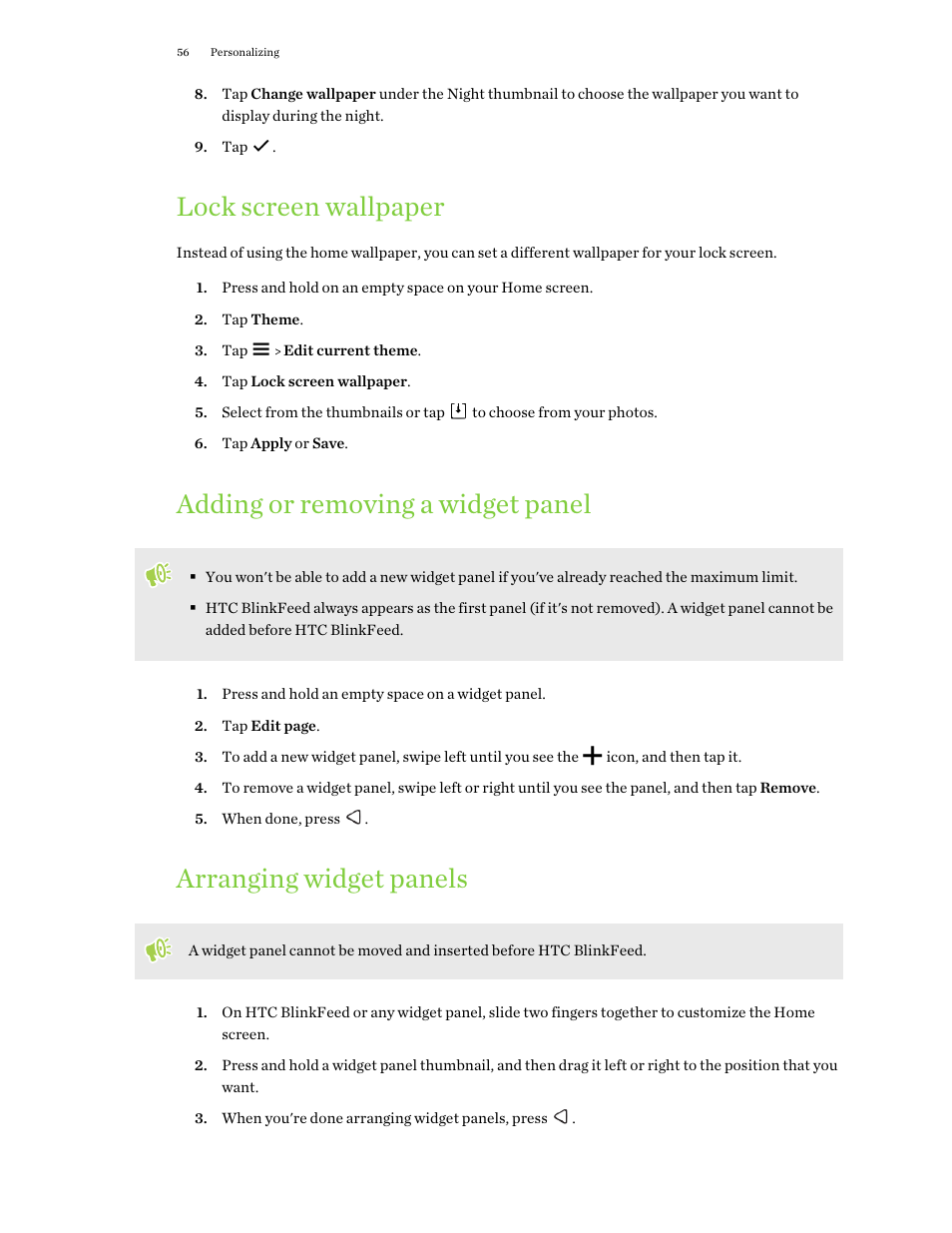 Lock screen wallpaper, Adding or removing a widget panel, Arranging widget panels | Adding or removing a widget, Panel | HTC One X10 User Manual | Page 56 / 161