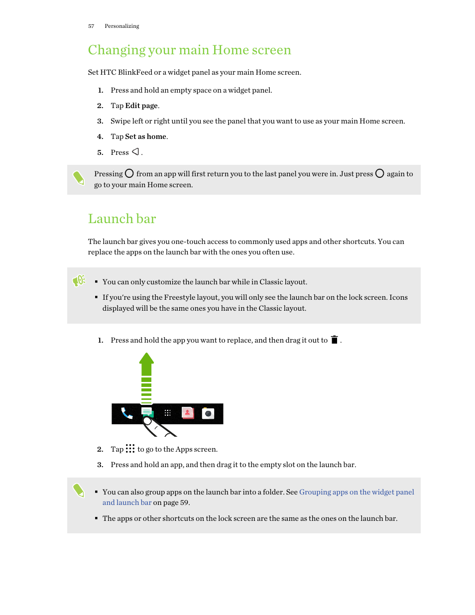 Changing your main home screen, Launch bar | HTC One X10 User Manual | Page 57 / 161