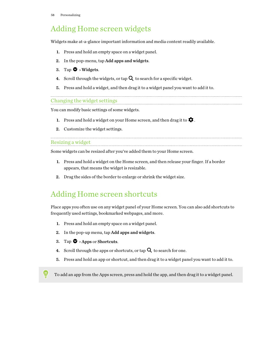 Adding home screen widgets, Changing the widget settings, Resizing a widget | Adding home screen shortcuts, Adding home, Screen widgets | HTC One X10 User Manual | Page 58 / 161