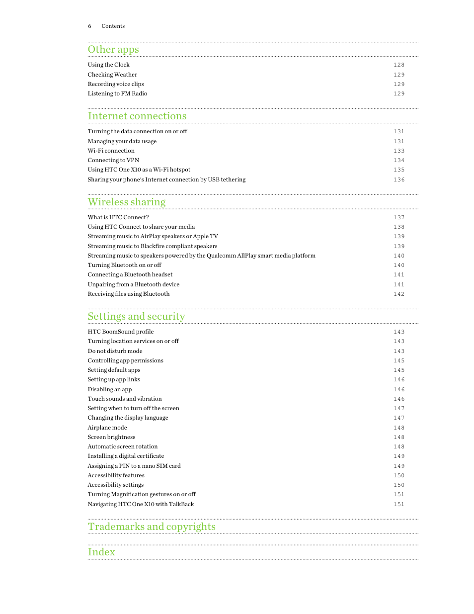 Other apps, Internet connections, Wireless sharing | Settings and security, Trademarks and copyrights index | HTC One X10 User Manual | Page 6 / 161