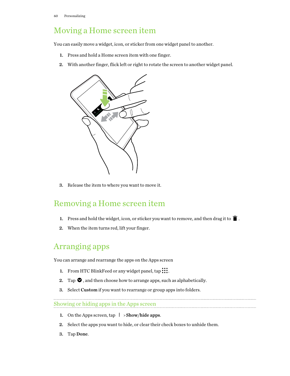 Moving a home screen item, Removing a home screen item, Arranging apps | Showing or hiding apps in the apps screen | HTC One X10 User Manual | Page 60 / 161