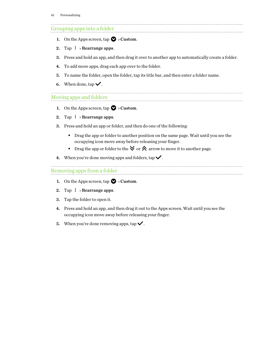 Grouping apps into a folder, Moving apps and folders, Removing apps from a folder | HTC One X10 User Manual | Page 61 / 161