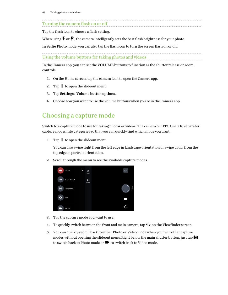 Turning the camera flash on or off, Choosing a capture mode | HTC One X10 User Manual | Page 63 / 161