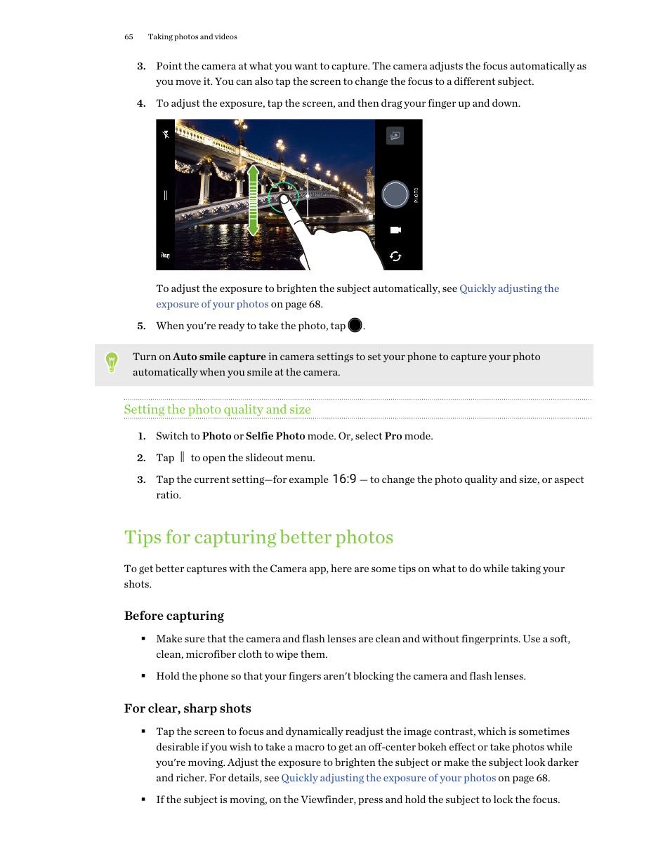 Setting the photo quality and size, Tips for capturing better photos, Set the photo quality and aspect ratio. see | Setting the photo quality, And size | HTC One X10 User Manual | Page 65 / 161