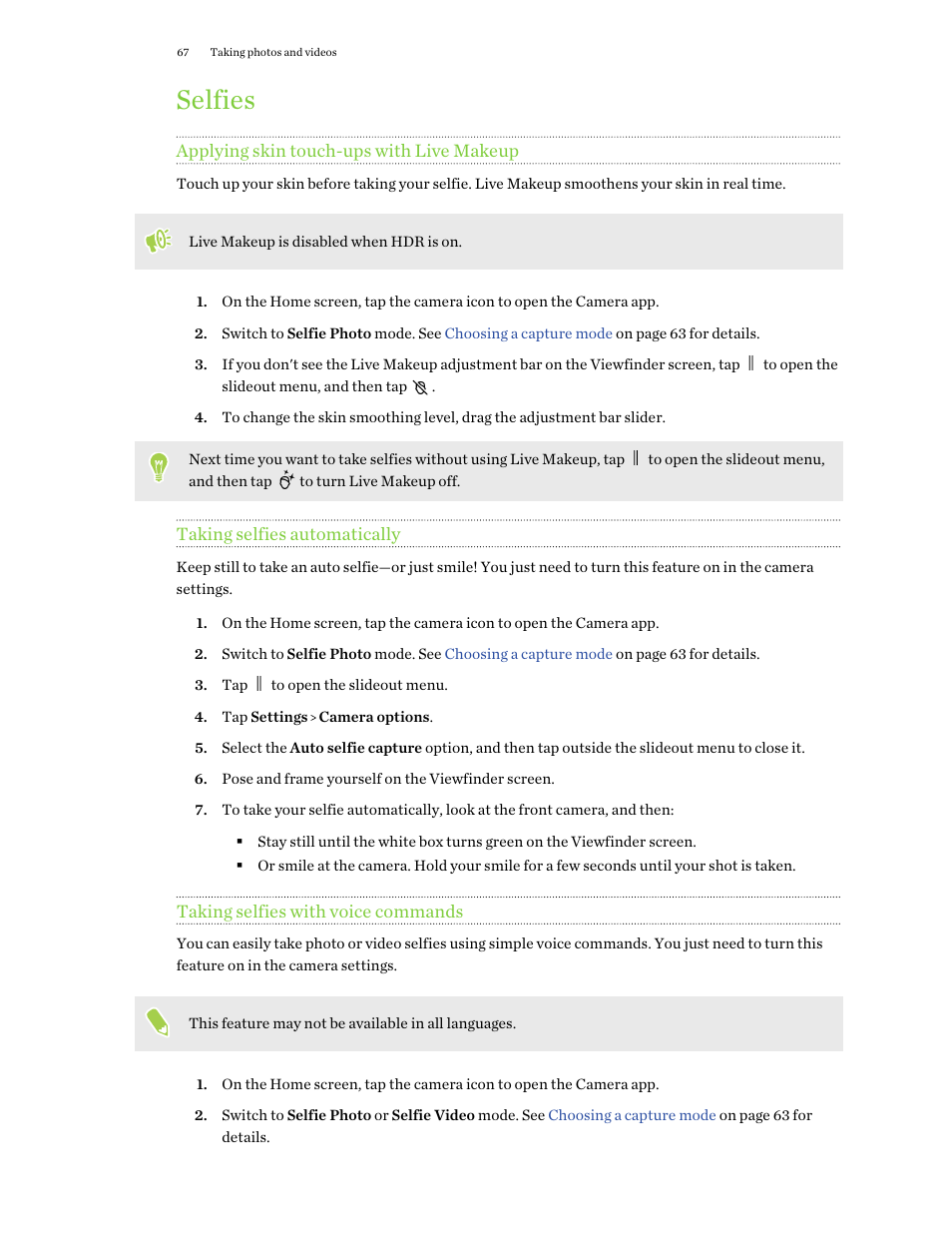 Selfies, Applying skin touch-ups with live makeup, Taking selfies automatically | Taking selfies with voice commands, Just say "cheese!" see, Taking selfies with voice, Commands, Applying skin touch-ups with live, Makeup | HTC One X10 User Manual | Page 67 / 161