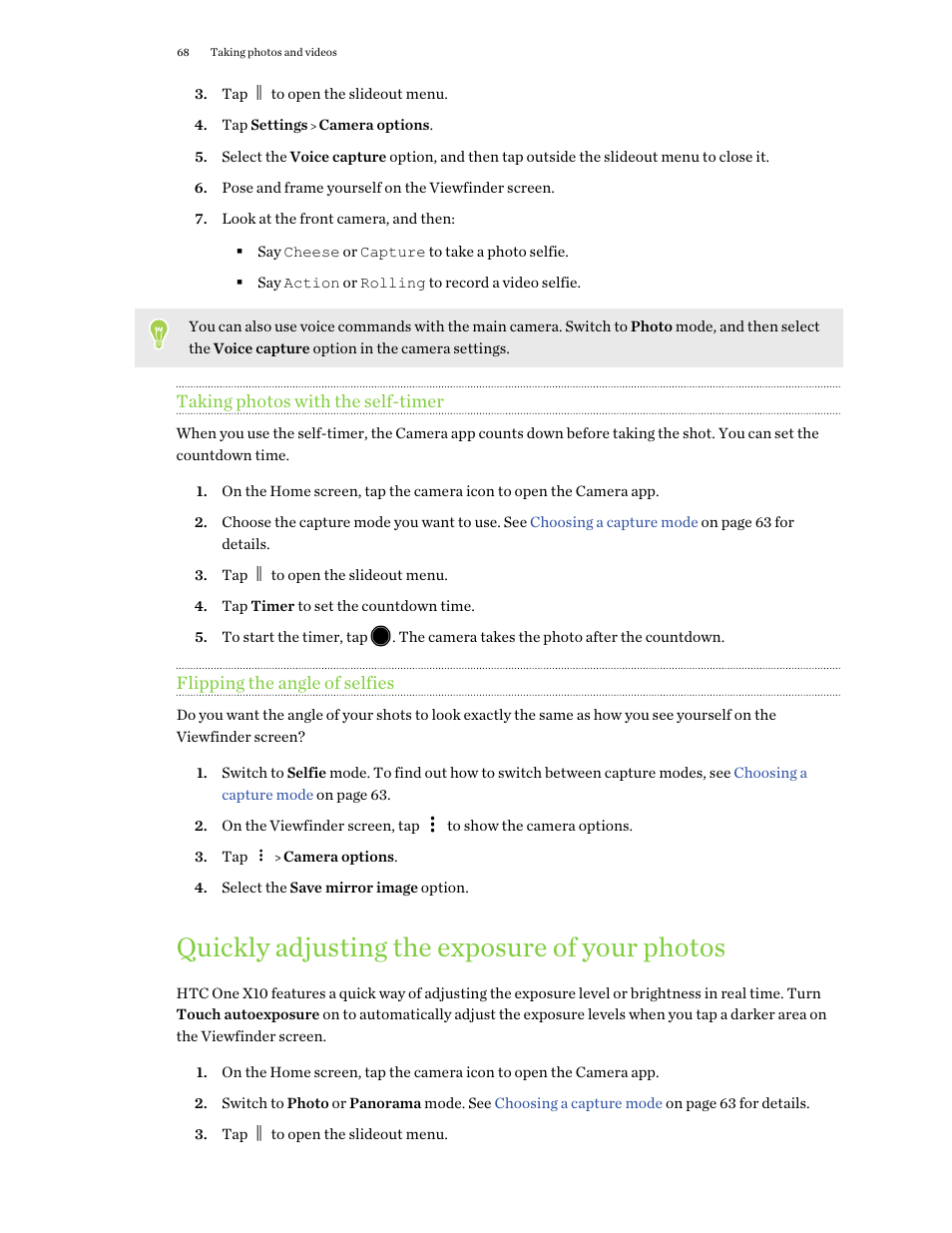Taking photos with the self-timer, Flipping the angle of selfies, Quickly adjusting the exposure of your photos | Quickly adjusting the, Exposure of your photos | HTC One X10 User Manual | Page 68 / 161
