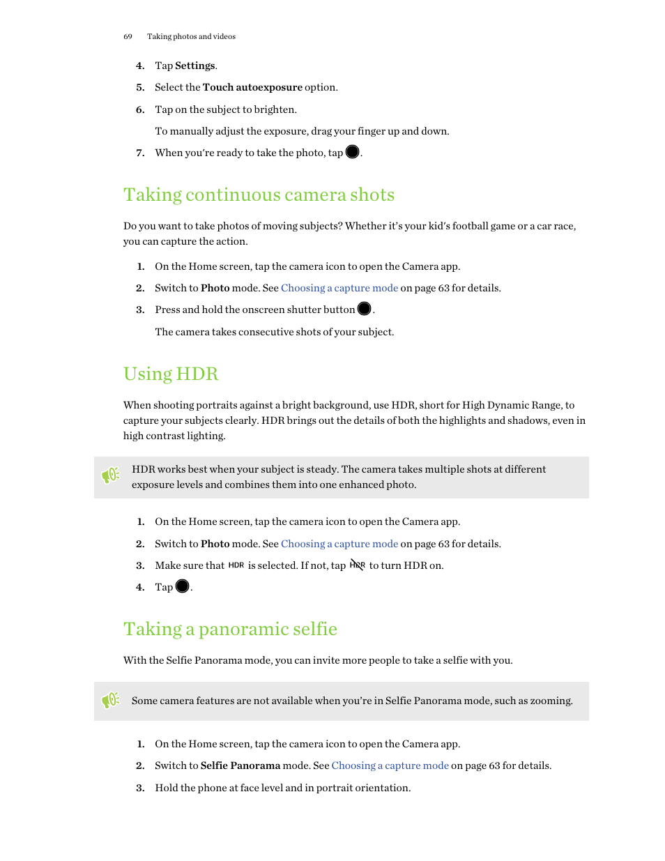 Taking continuous camera shots, Using hdr, Taking a panoramic selfie | HTC One X10 User Manual | Page 69 / 161