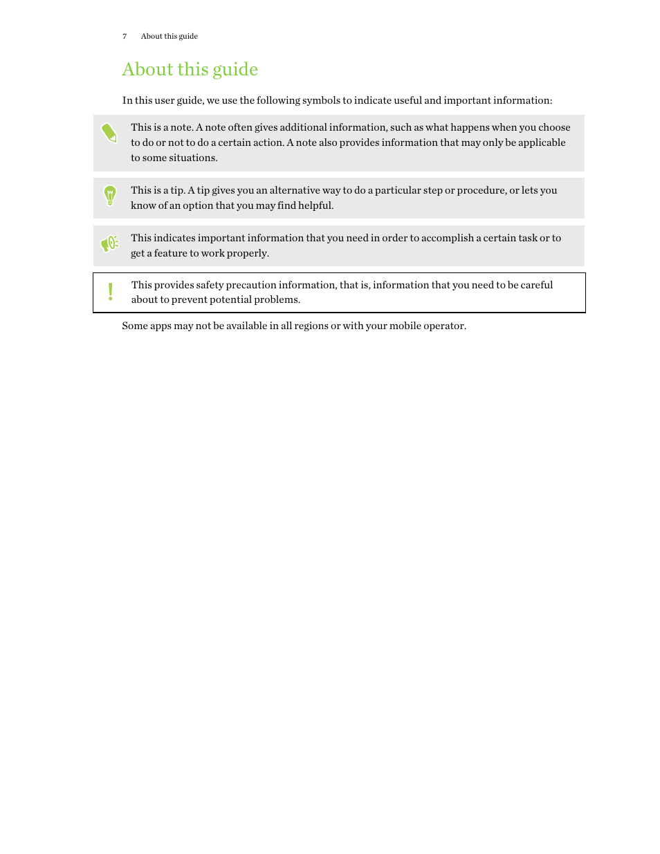 About this guide | HTC One X10 User Manual | Page 7 / 161