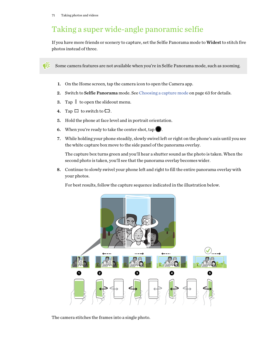 Taking a super wide-angle panoramic selfie | HTC One X10 User Manual | Page 71 / 161