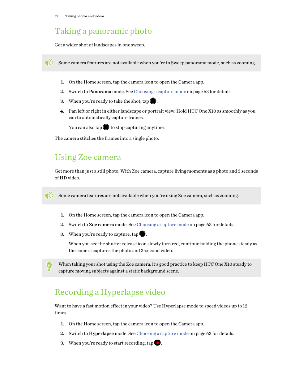 Taking a panoramic photo, Using zoe camera, Recording a hyperlapse video | Speed. see | HTC One X10 User Manual | Page 72 / 161