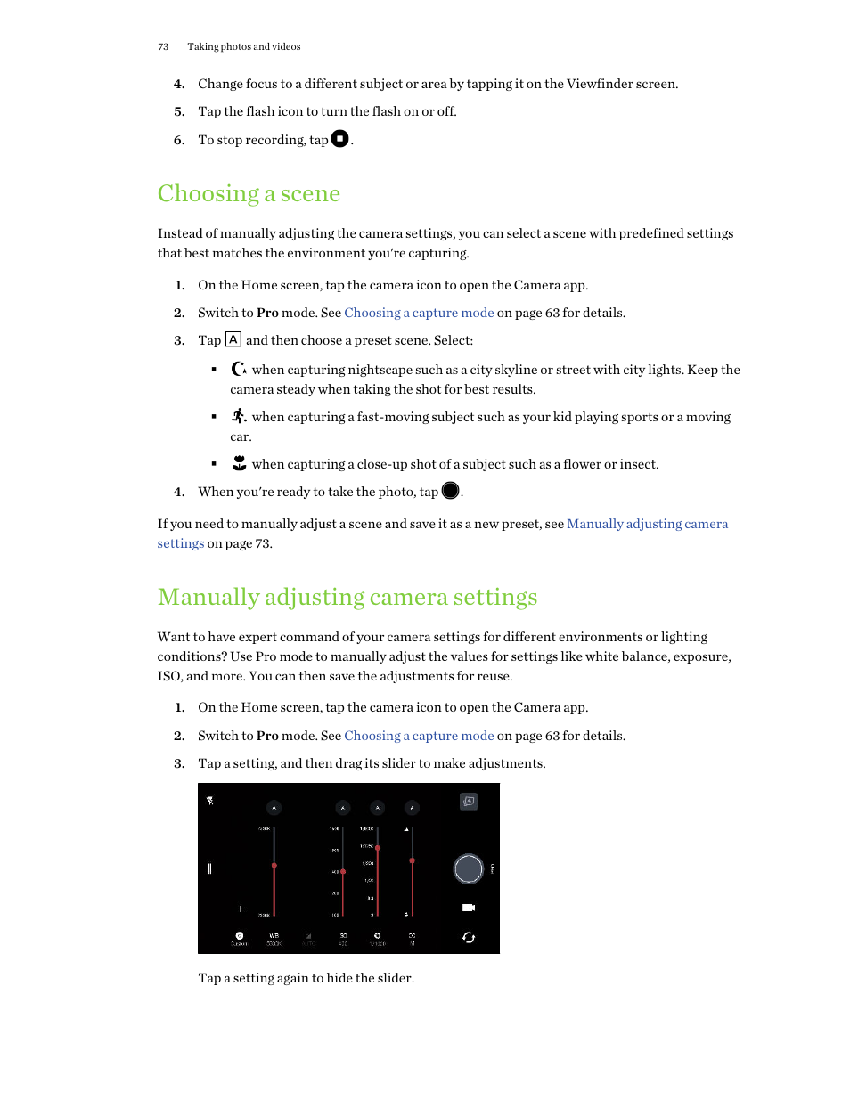 Choosing a scene, Manually adjusting camera settings, Manually adjusting | Camera settings | HTC One X10 User Manual | Page 73 / 161