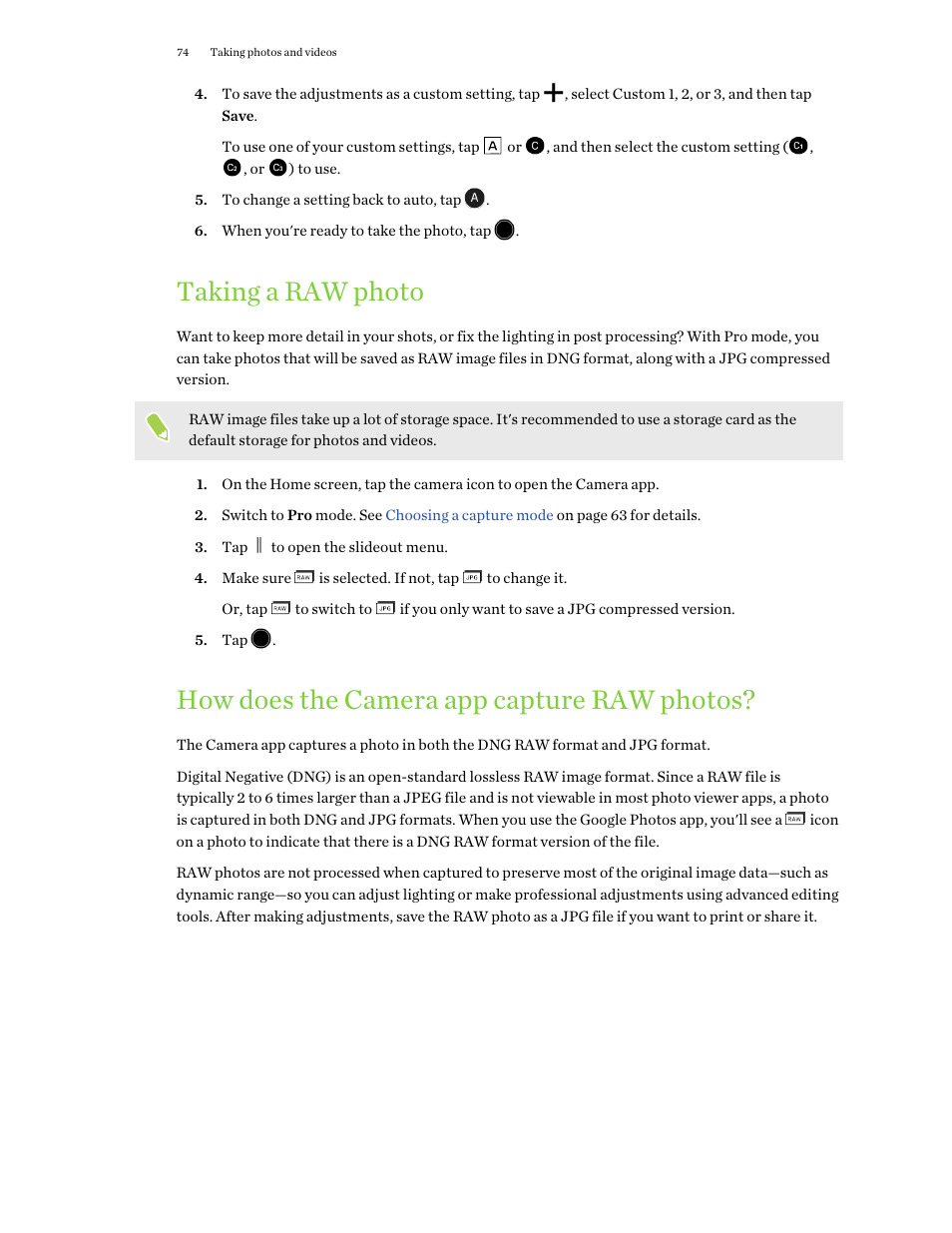 Taking a raw photo, How does the camera app capture raw photos | HTC One X10 User Manual | Page 74 / 161