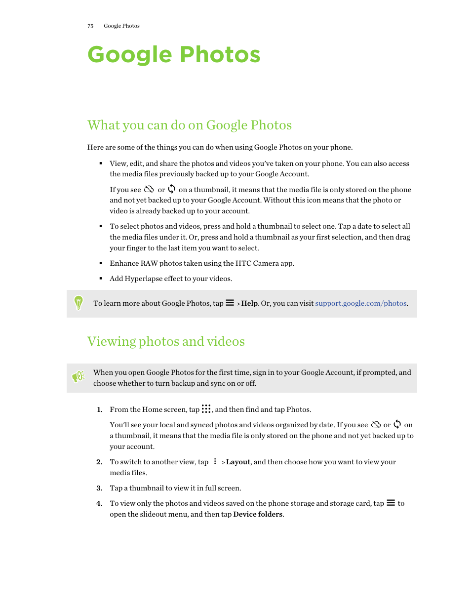 Google photos, What you can do on google photos, Viewing photos and videos | All of its cool features. for details, see | HTC One X10 User Manual | Page 75 / 161