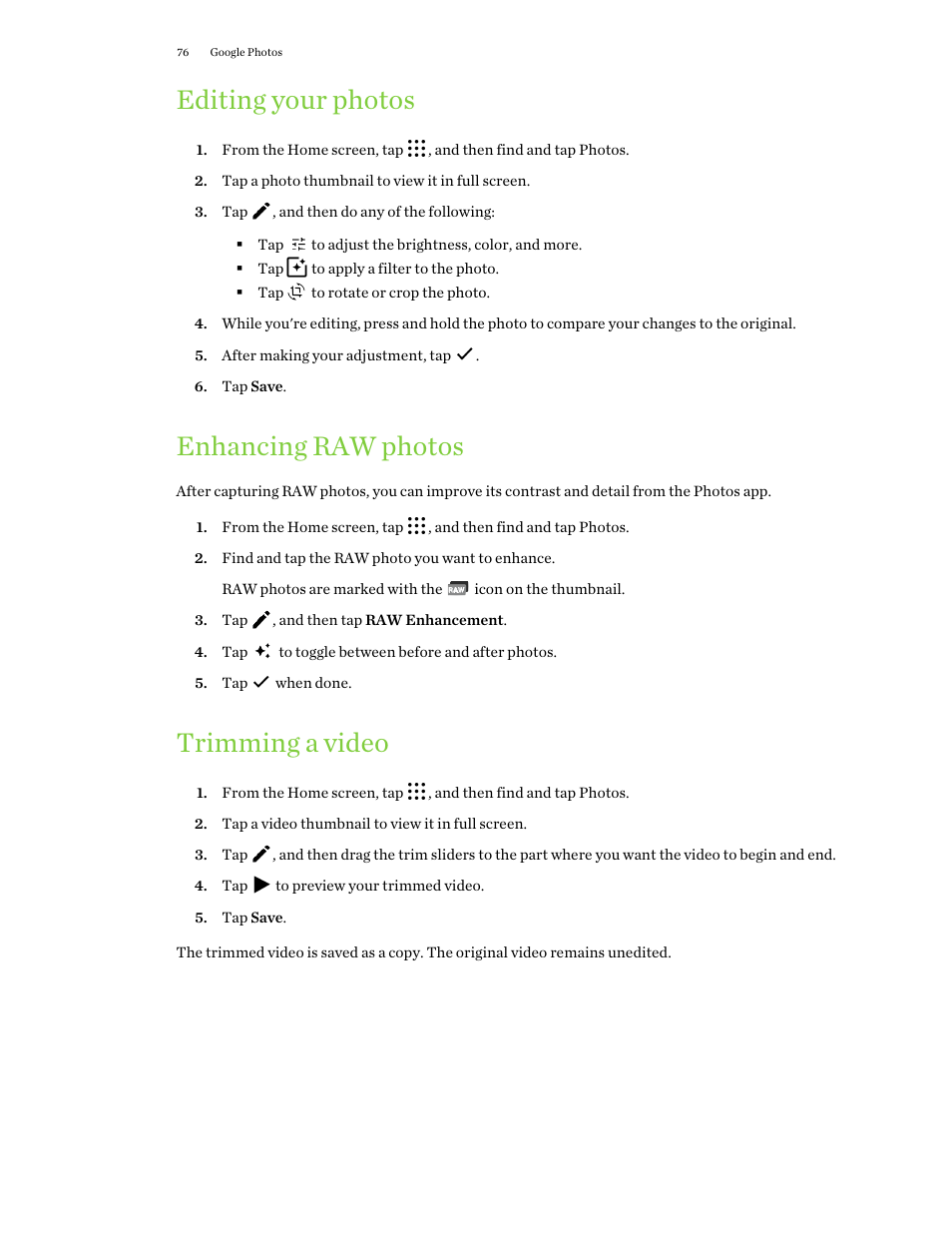 Editing your photos, Enhancing raw photos, Trimming a video | HTC One X10 User Manual | Page 76 / 161