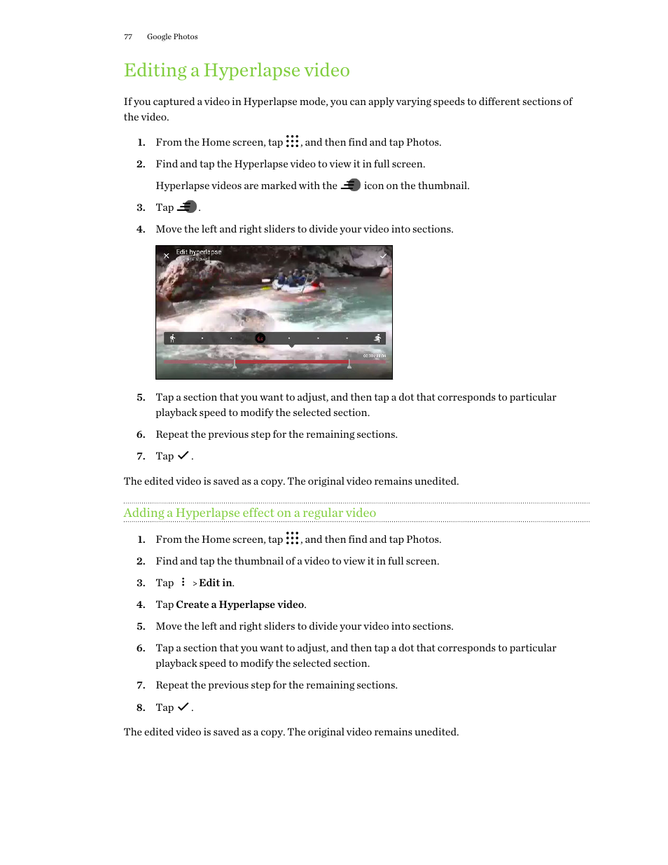 Editing a hyperlapse video, Adding a hyperlapse effect on a regular video | HTC One X10 User Manual | Page 77 / 161