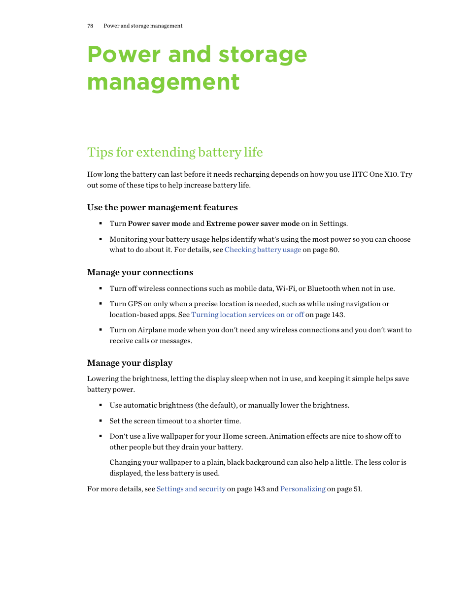 Power and storage management, Tips for extending battery life | HTC One X10 User Manual | Page 78 / 161