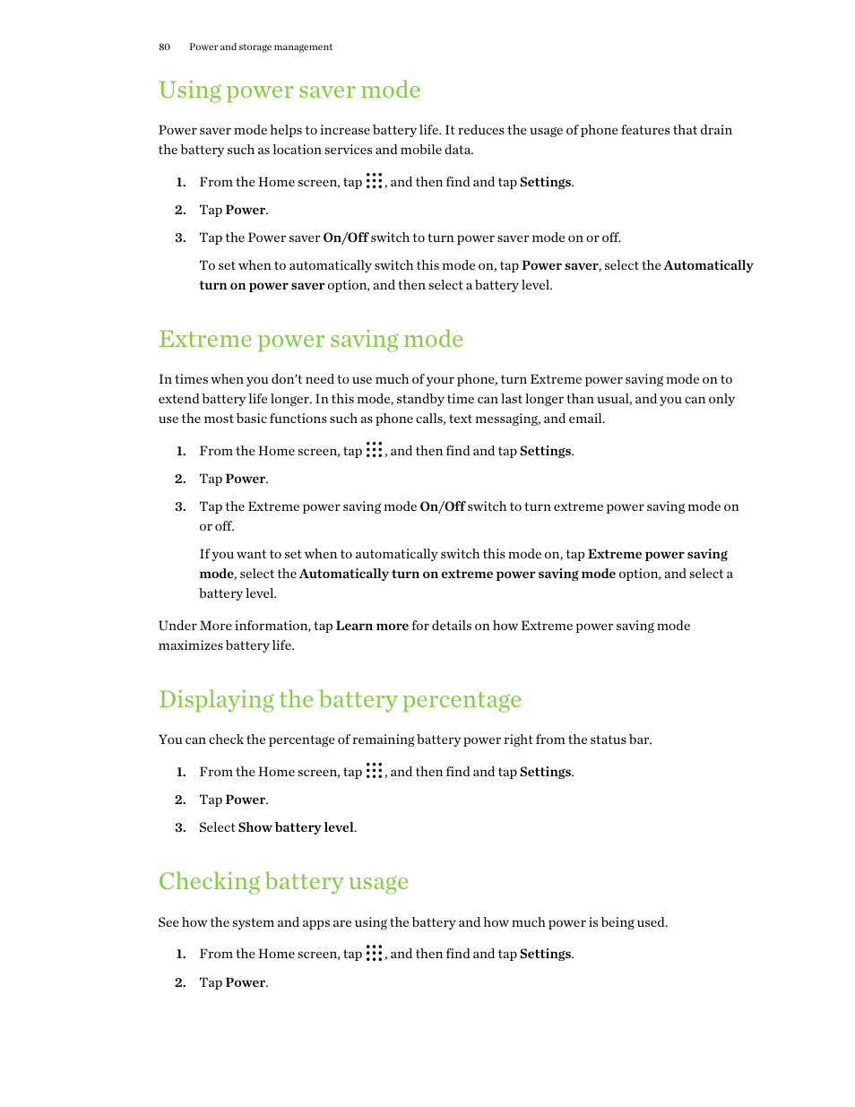 Using power saver mode, Extreme power saving mode, Displaying the battery percentage | Checking battery usage | HTC One X10 User Manual | Page 80 / 161