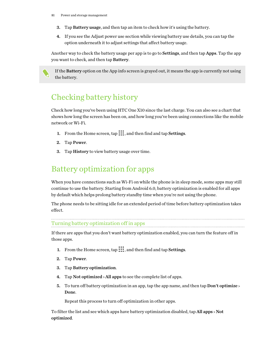 Checking battery history, Battery optimization for apps, Turning battery optimization off in apps | HTC One X10 User Manual | Page 81 / 161