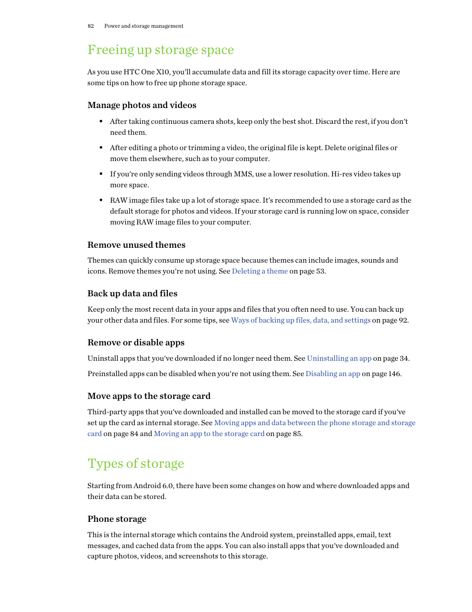 Freeing up storage space, Types of storage | HTC One X10 User Manual | Page 82 / 161