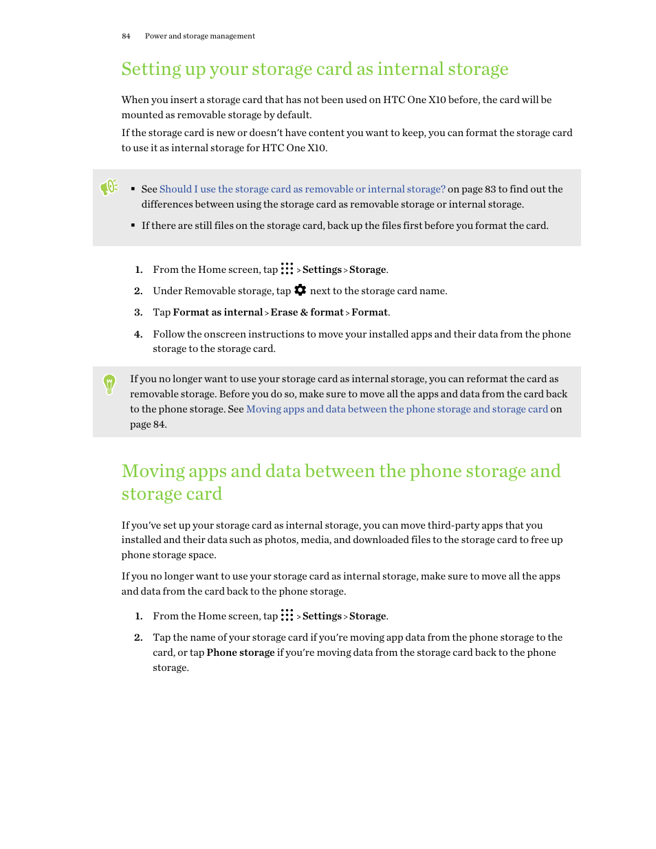 Setting up your storage card as internal storage, Setting up your, Storage card as internal storage | Card | HTC One X10 User Manual | Page 84 / 161