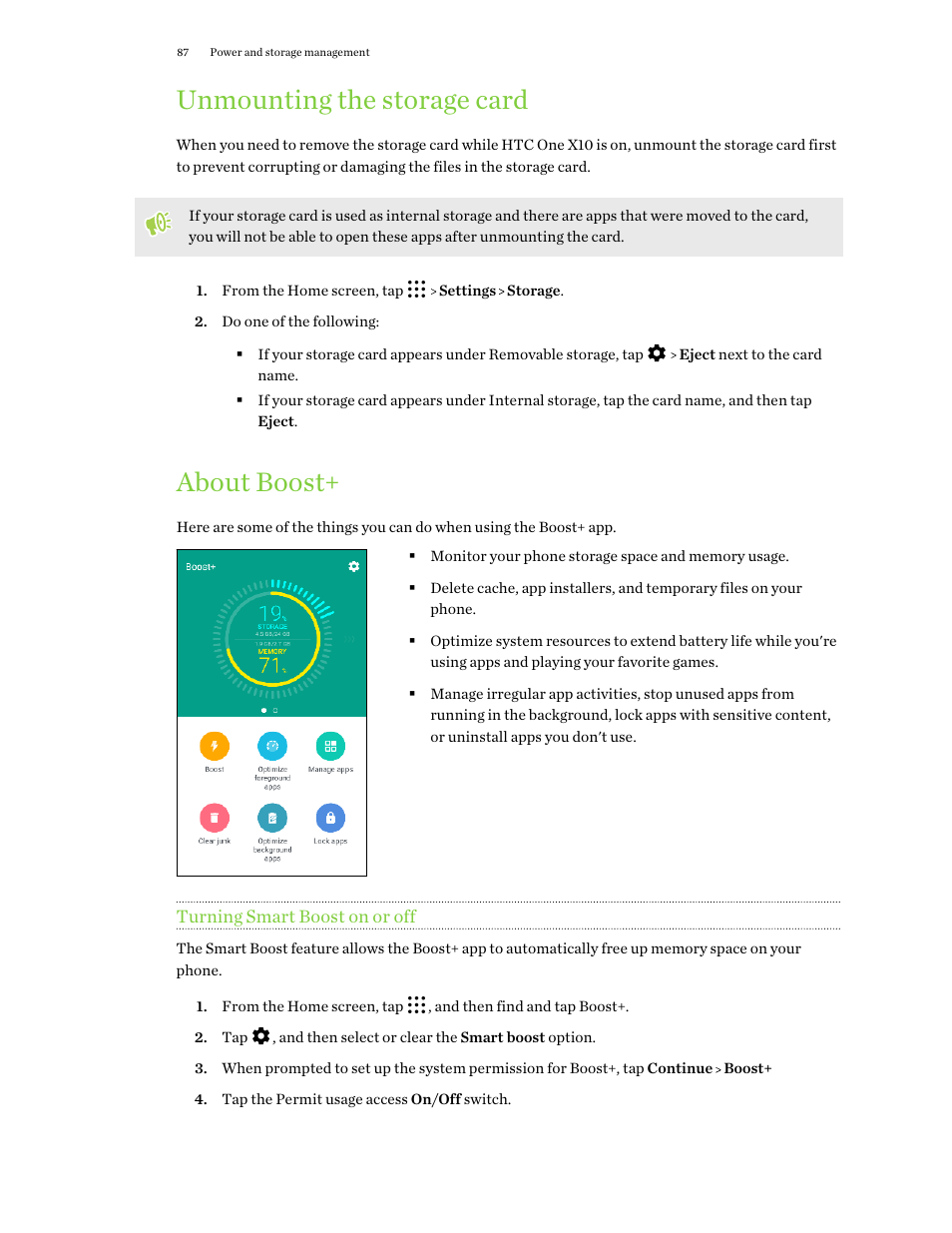 Unmounting the storage card, About boost, Turning smart boost on or off | HTC One X10 User Manual | Page 87 / 161