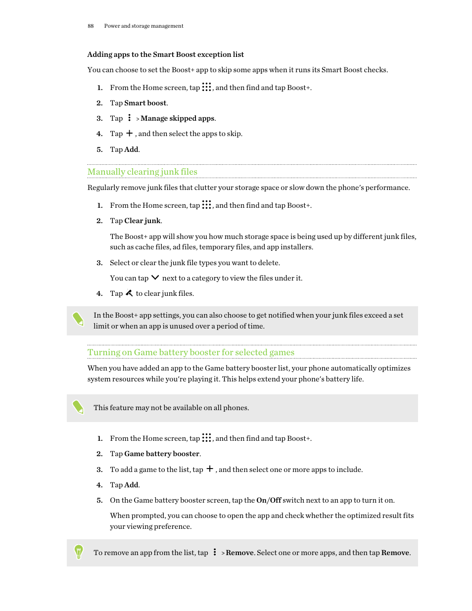 Adding apps to the smart boost exception list, Manually clearing junk files, Turning on game battery booster for selected games | HTC One X10 User Manual | Page 88 / 161