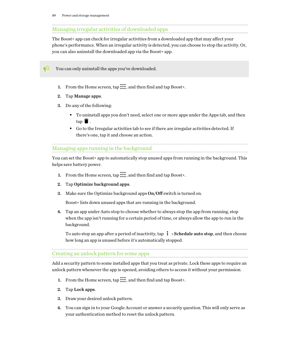 Managing irregular activities of downloaded apps, Managing apps running in the background, Creating an unlock pattern for some apps | HTC One X10 User Manual | Page 89 / 161