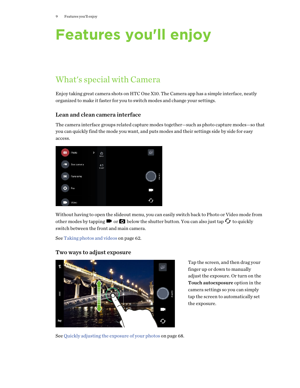 Features you'll enjoy, What's special with camera | HTC One X10 User Manual | Page 9 / 161