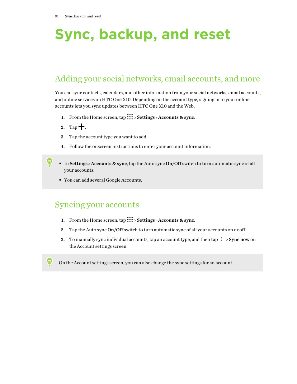 Sync, backup, and reset, Syncing your accounts | HTC One X10 User Manual | Page 91 / 161