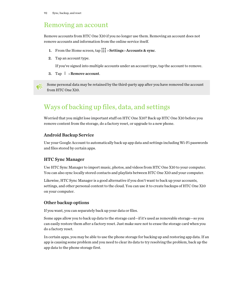 Removing an account, Ways of backing up files, data, and settings, Your other data and files. for some tips, see | HTC One X10 User Manual | Page 92 / 161