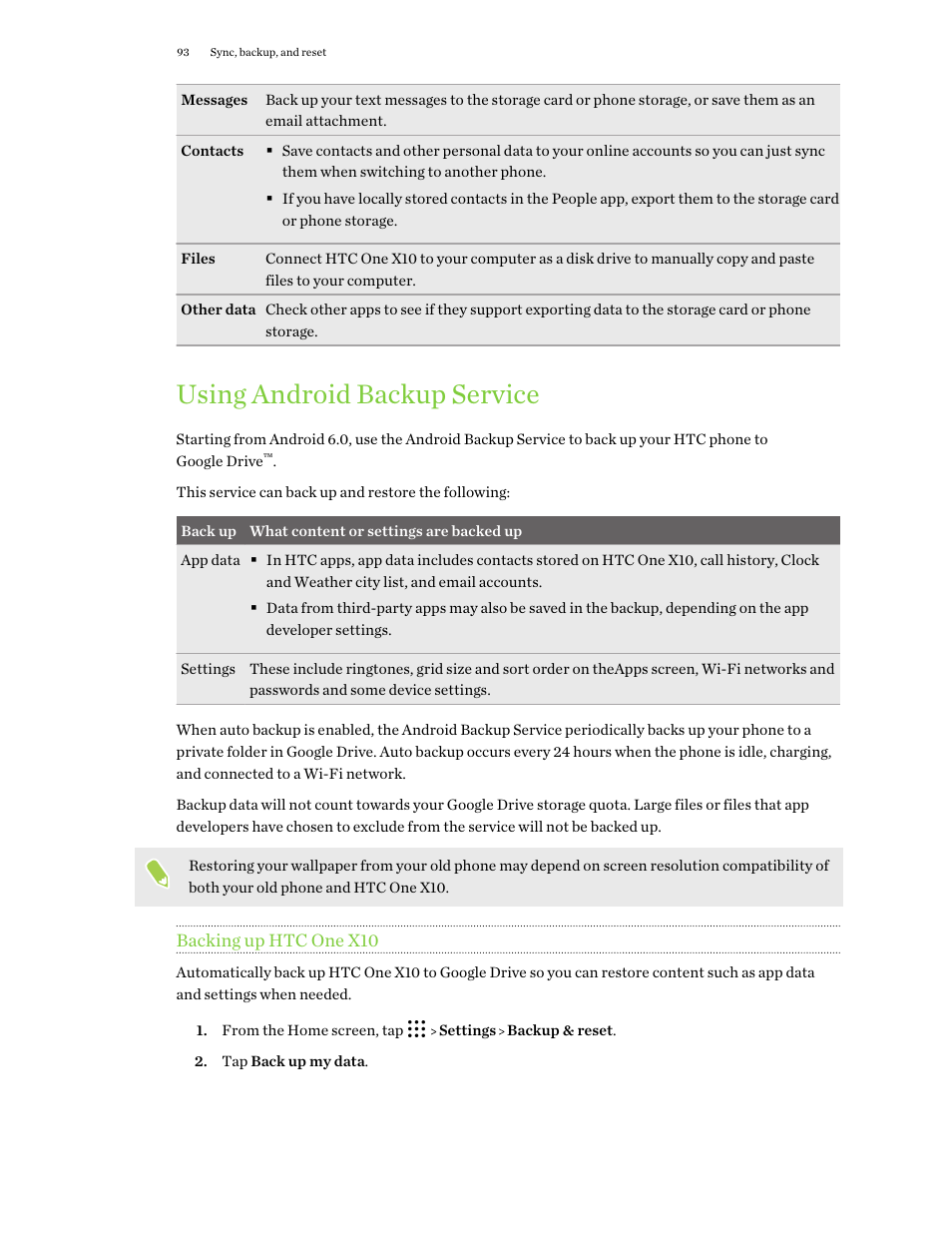 Using android backup service, Backing up htc one x10 | HTC One X10 User Manual | Page 93 / 161