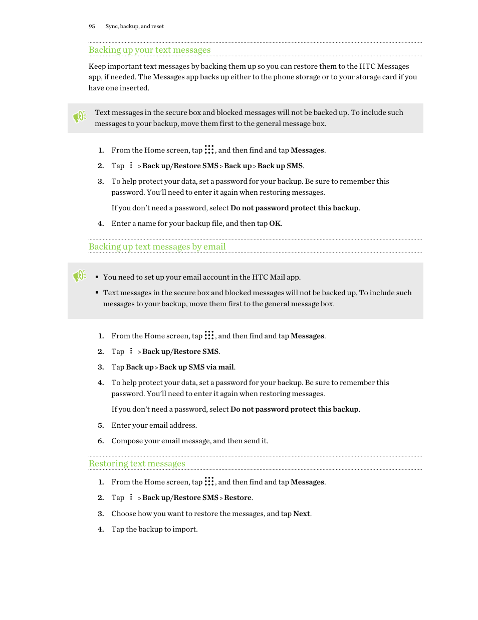 Backing up your text messages, Backing up text messages by email, Restoring text messages | HTC One X10 User Manual | Page 95 / 161