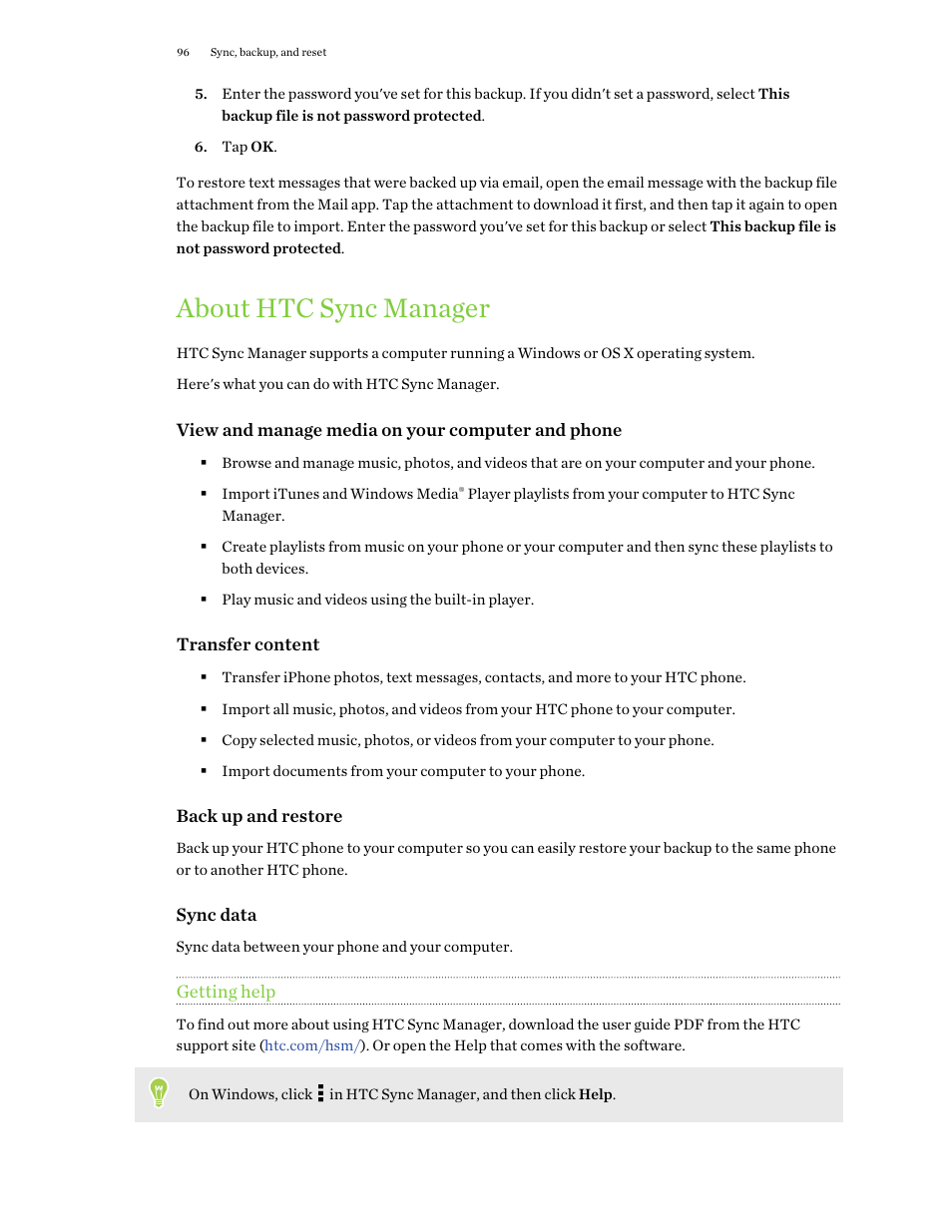 About htc sync manager, Getting help | HTC One X10 User Manual | Page 96 / 161