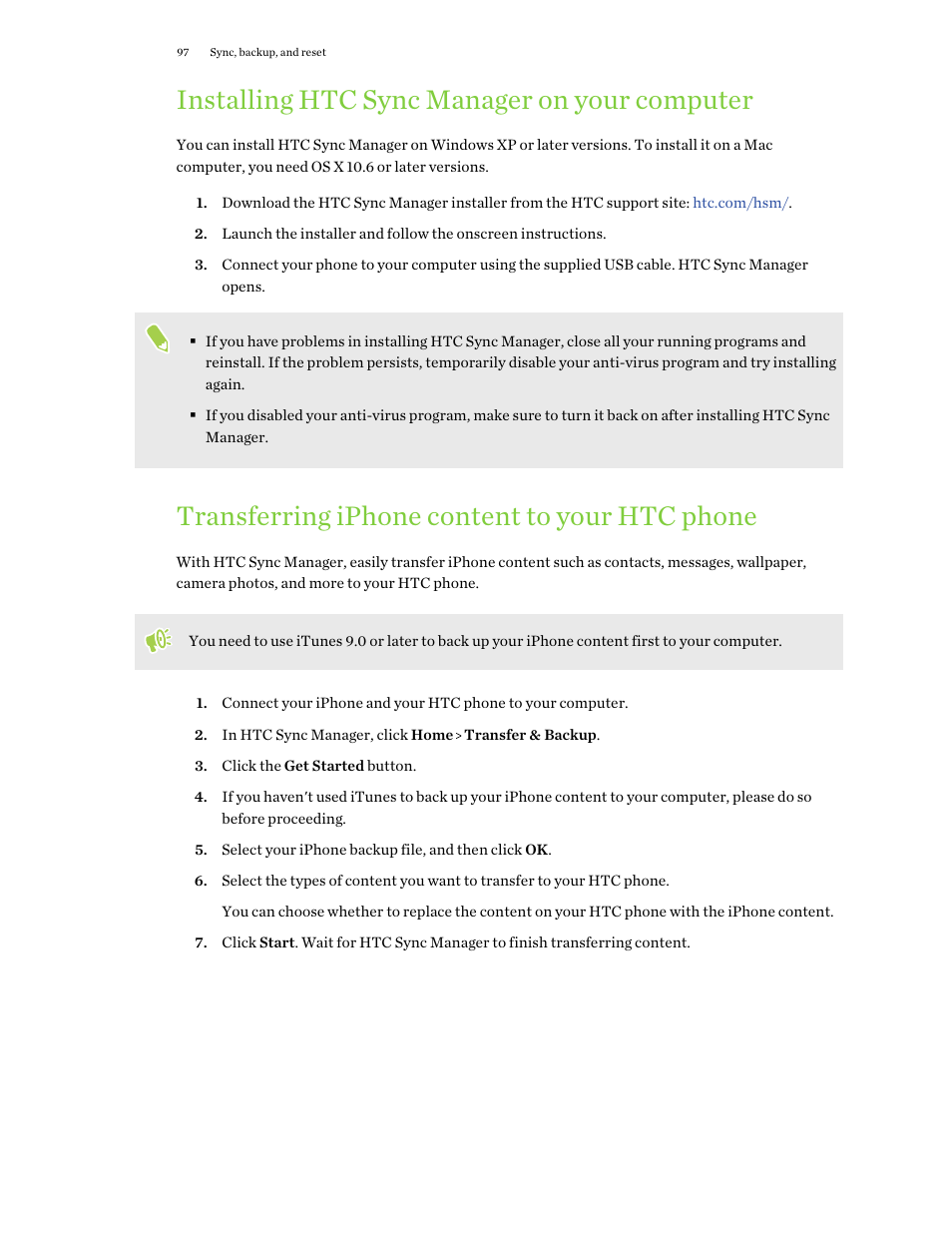 Installing htc sync manager on your computer, Transferring iphone content to your htc phone, Transferring iphone content to your | Htc phone | HTC One X10 User Manual | Page 97 / 161