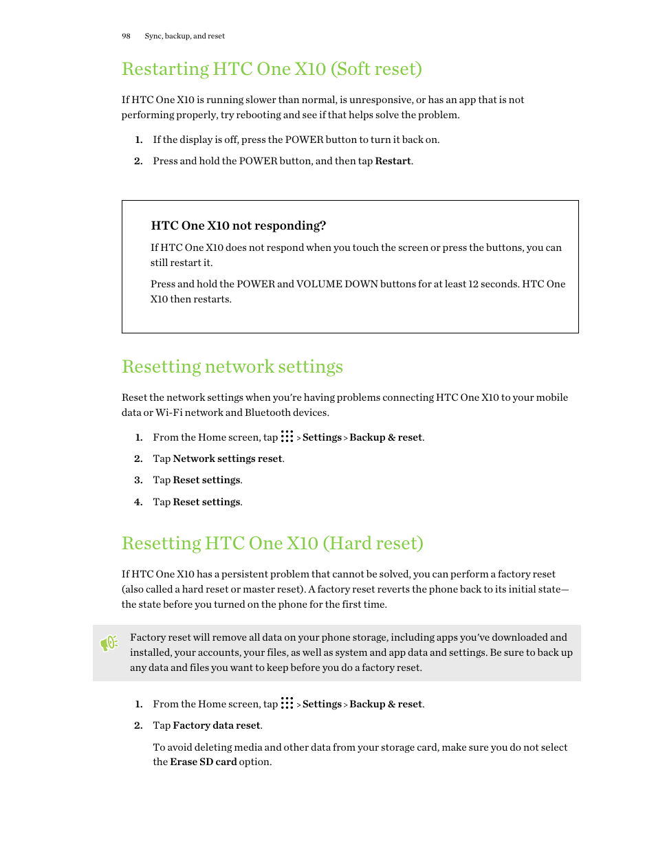Restarting htc one x10 (soft reset), Htc one x10 not responding, Resetting network settings | Resetting htc one x10 (hard reset), Device. see | HTC One X10 User Manual | Page 98 / 161
