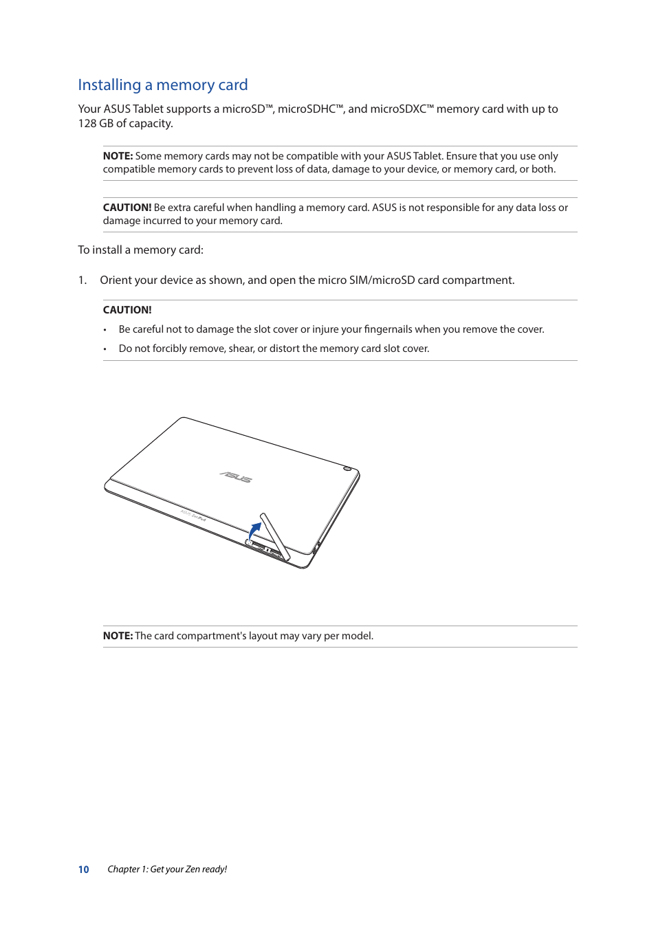 Installing a memory card | Asus ZenPad 10 (Z300M) User Manual | Page 10 / 126