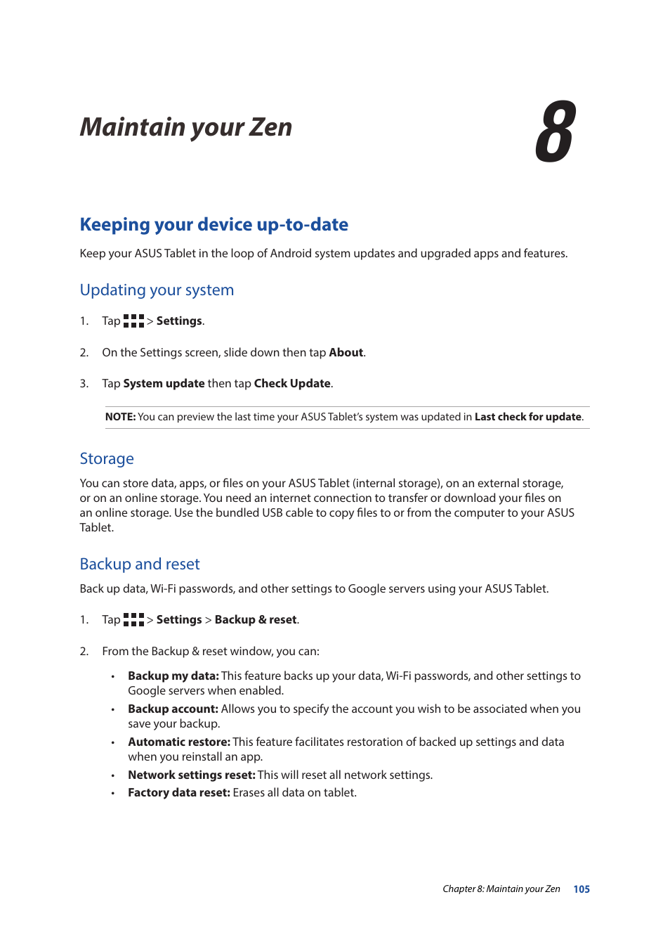 8 maintain your zen, Keeping your device up-to-date, Updating your system | Storage, Backup and reset, Maintain your zen, Updating your system storage backup and reset, Maintain your zen 8 maintain your zen | Asus ZenPad 10 (Z300M) User Manual | Page 105 / 126