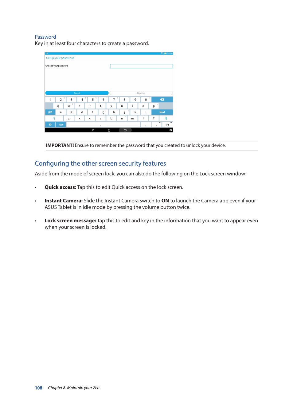 Configuring the other screen security features | Asus ZenPad 10 (Z300M) User Manual | Page 108 / 126