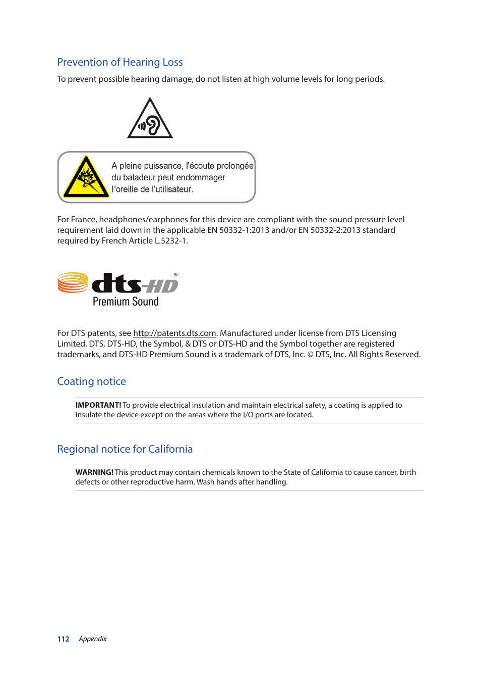 Prevention of hearing loss, Coating notice, Regional notice for california | Asus ZenPad 10 (Z300M) User Manual | Page 112 / 126