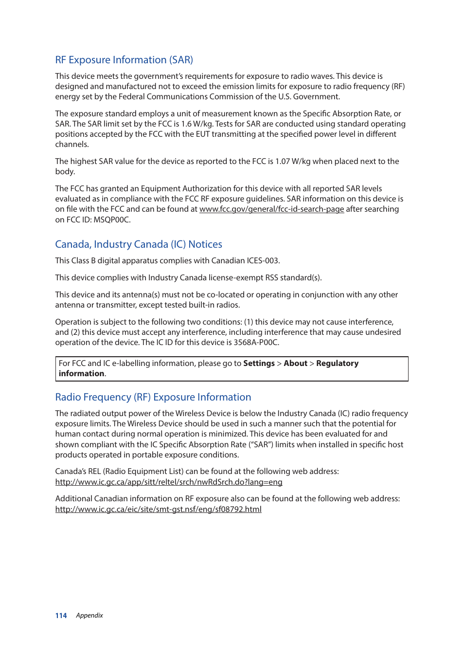 Rf exposure information (sar), Canada, industry canada (ic) notices, Radio frequency (rf) exposure information | Asus ZenPad 10 (Z300M) User Manual | Page 114 / 126