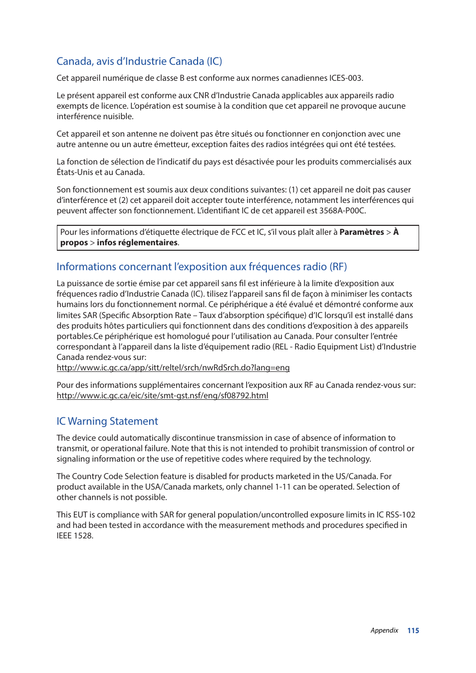 Canada, avis d’industrie canada (ic), Ic warning statement | Asus ZenPad 10 (Z300M) User Manual | Page 115 / 126