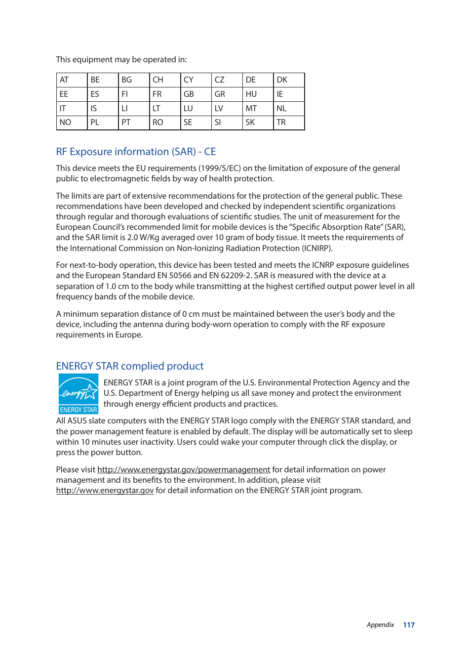 Rf exposure information (sar) - ce, Energy star complied product | Asus ZenPad 10 (Z300M) User Manual | Page 117 / 126