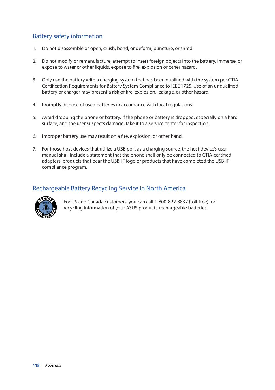 Battery safety information | Asus ZenPad 10 (Z300M) User Manual | Page 118 / 126