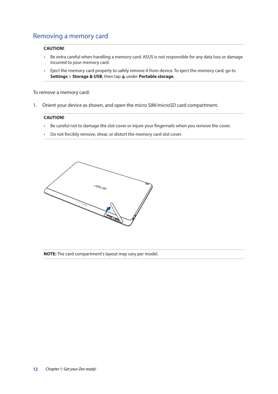 Removing a memory card | Asus ZenPad 10 (Z300M) User Manual | Page 12 / 126