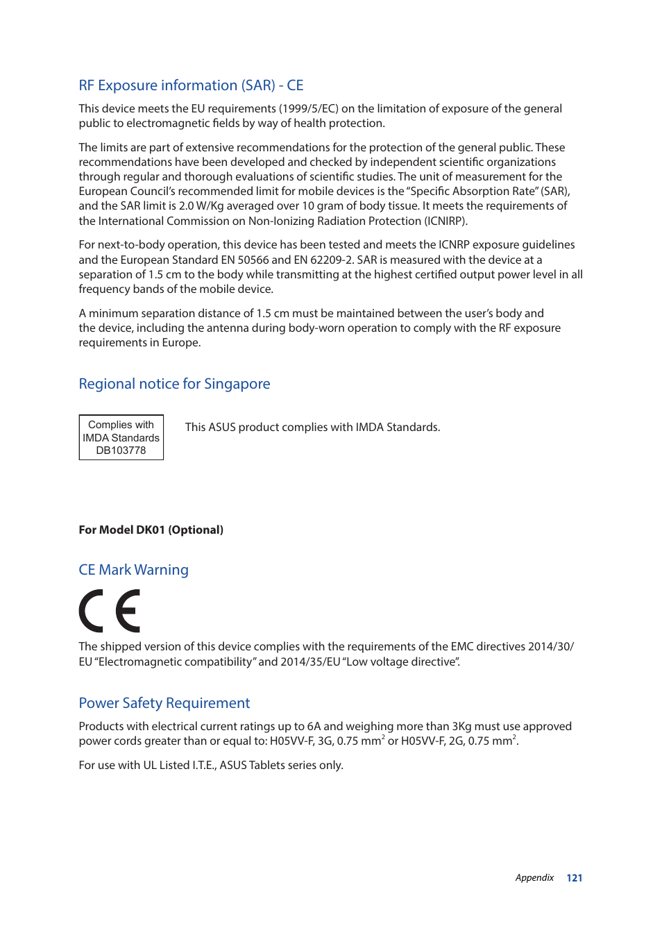 Rf exposure information (sar) - ce, Regional notice for singapore, Ce mark warning | Power safety requirement | Asus ZenPad 10 (Z300M) User Manual | Page 121 / 126