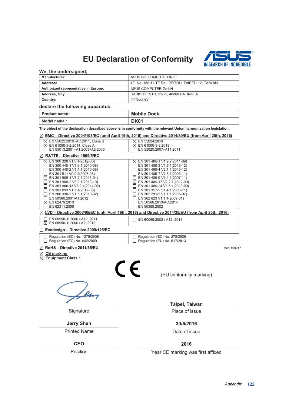 Eu declaration of conformity | Asus ZenPad 10 (Z300M) User Manual | Page 125 / 126