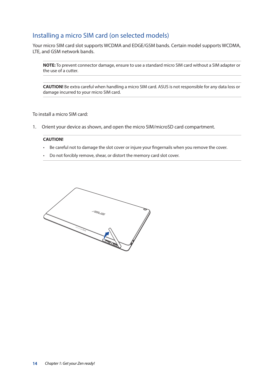 Installing a micro sim card (on selected models) | Asus ZenPad 10 (Z300M) User Manual | Page 14 / 126