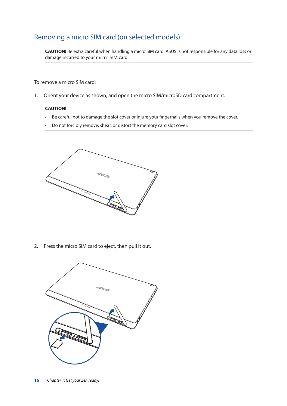 Removing a micro sim card (on selected models) | Asus ZenPad 10 (Z300M) User Manual | Page 16 / 126