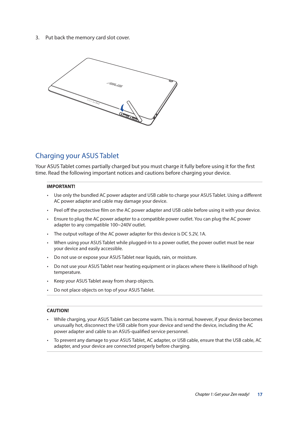 Charging your asus tablet | Asus ZenPad 10 (Z300M) User Manual | Page 17 / 126