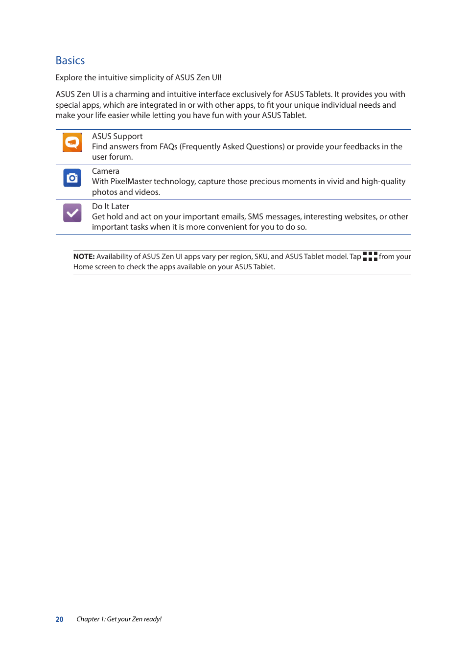 Basics | Asus ZenPad 10 (Z300M) User Manual | Page 20 / 126